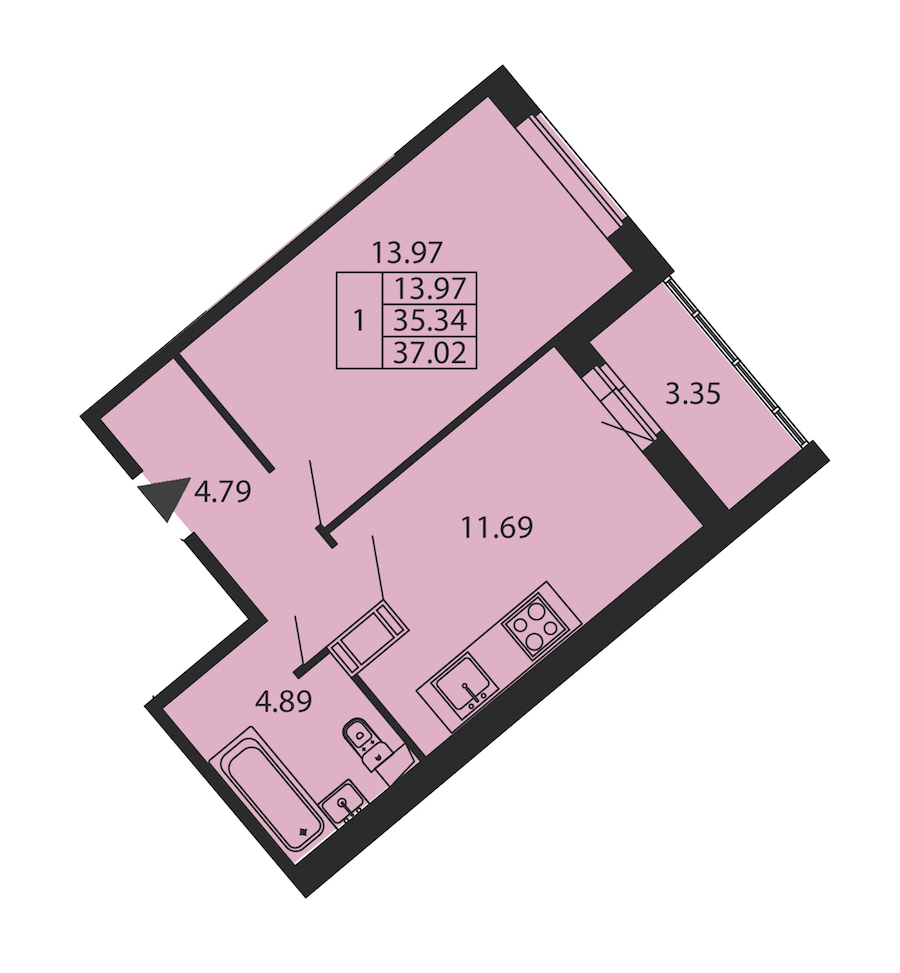 1-комнатная квартира 35.34 м², 2/12 эт., ЖК «Полис ЛАВрики»